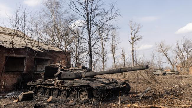 A destroyed Russian tank i in Malaya Rohan, which has reportedly been retaken by the Ukrainian military. Picture: Getty Images