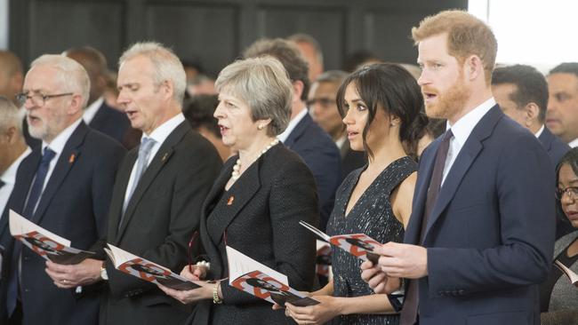 From left, Britain's Labour leader Jeremy Corbyn, Cabinet Office minister David Lidington, Prime Minister Theresa May, Meghan Markle and Prince Harry. Picture: AP