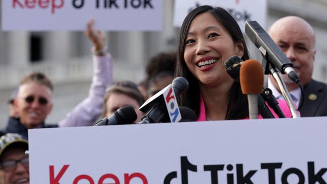 TikToker Tiffany Yu fronts the rally at the Capitol in Washington on Wednesday. Picture: AFP