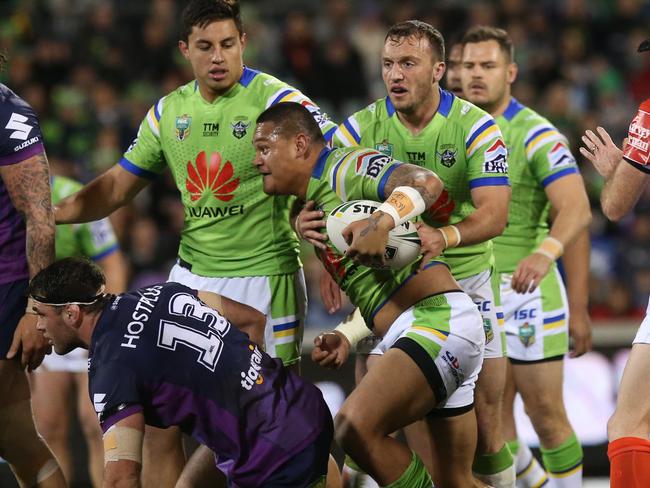 NRL - Raiders Joey Leilua gets up after a tackle. Canberra Raiders vs Melbourne Storm at GIO Stadium in Canberra. Picture Kym Smith