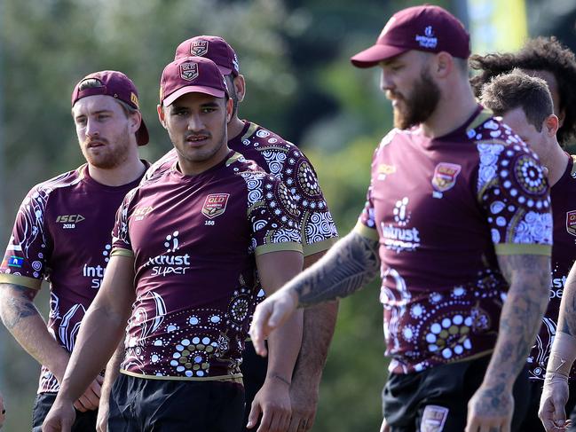 Valentine Holmes and the Queensland Origin team hold an opposed session at Sanctuary Cove ahead of game 1 in Melbourne. Pics Adam Head