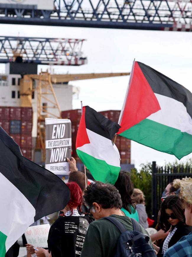 Members of the Australian Palestinian community protesting at Port Botany. Picture: AFP