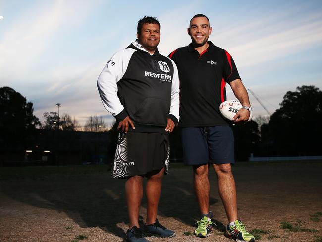 Hampton (right) with his footy coach Dean Widders, who helped turn his life around. Picture: Sam Ruttyn