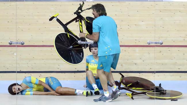 Melissa Hoskins, left, was the most seriously hurt of the Australian women's track cycling Team Pursuit squad after crashing during a training session.