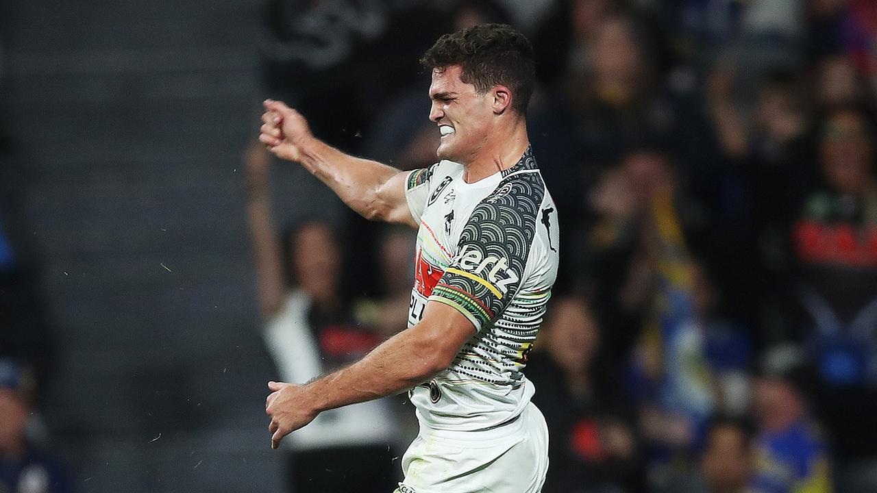 Penrith's Nathan Cleary celebrates his try to break the deadlock against the Eels.