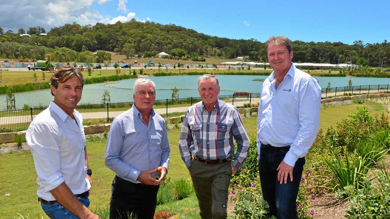 FUTURE VISION: RV Homebase project manager Sam Williams, Parklakes II director Robert Flipp, Shadforths Civil Contractors founder Peter Shadforth and Halcyon Lakeside development manager Chris Carley on tour of Bli Bli developments. Picture: John McCutcheon