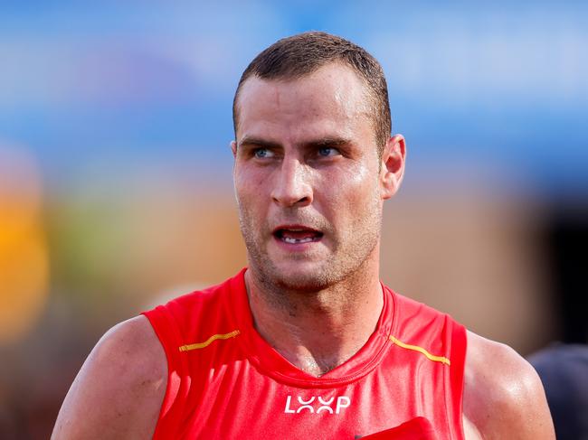 GOLD COAST, AUSTRALIA - MARCH 09: Jarrod Witts of the Suns looks on at the quarter time break during the 2024 AFL Opening Round match between the Gold Coast SUNS and the Richmond Tigers at People First Stadium on March 09, 2024 in Gold Coast, Australia. (Photo by Dylan Burns/AFL Photos via Getty Images)