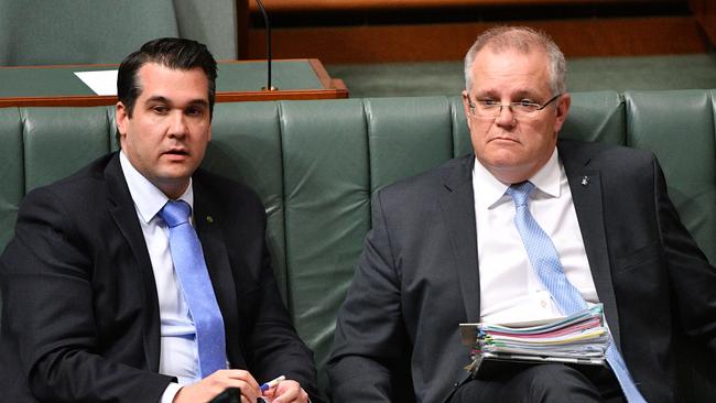 Michael Sukkar with Scott Morrison during Question Time last week. Picture: AAP.