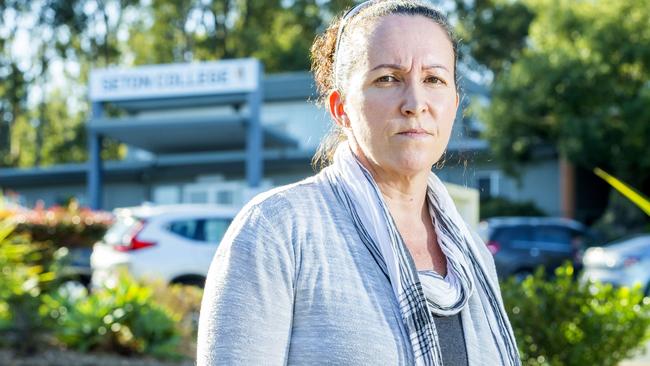 Parent Nicky Reed outside Seton College in Mt Gravatt East after the decision was made to close the school last year. Picture: Richard Walker