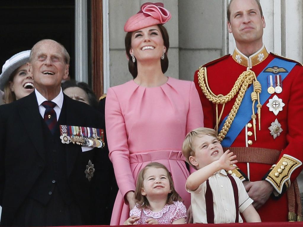 Prince Philip with the Duke and Duchess of Cambridge, Princess Charlotte and Prince George on the balcony of Buckingham Palace. Picture: AP Photo/Kirsty Wigglesworth, File