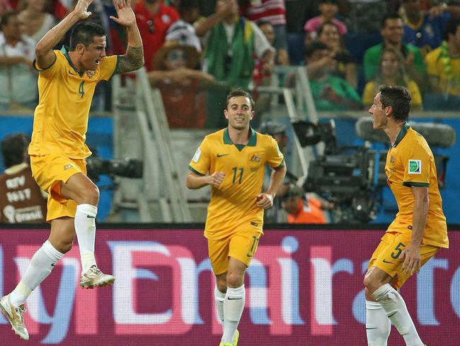 Tim Cahill celebrates his goal for Australia against Chile in the Group B World Cup clash.