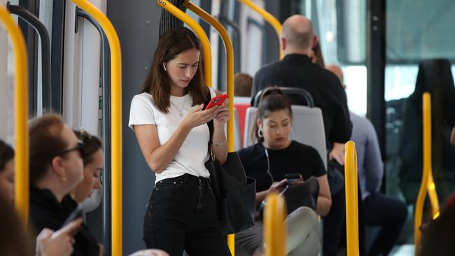 Commuters on the new Sydney Light Rail from Randwick to Central Station. Picture: David Swift.