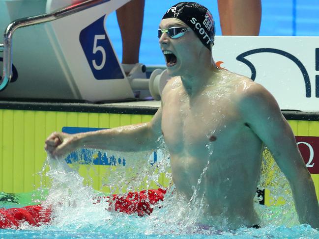 GWANGJU, SOUTH KOREA - JULY 28: Duncan Scott of Great Britain celebrates winning the gold medal in the Men's 4x100m Medley Relay Final on day eight of the Gwangju 2019 FINA World Championships at Nambu International Aquatics Centre on July 28, 2019 in Gwangju, South Korea. (Photo by Catherine Ivill/Getty Images)