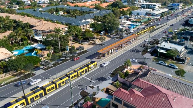 An artist impression of the light rail running on the Broadbeach to Burleigh section.