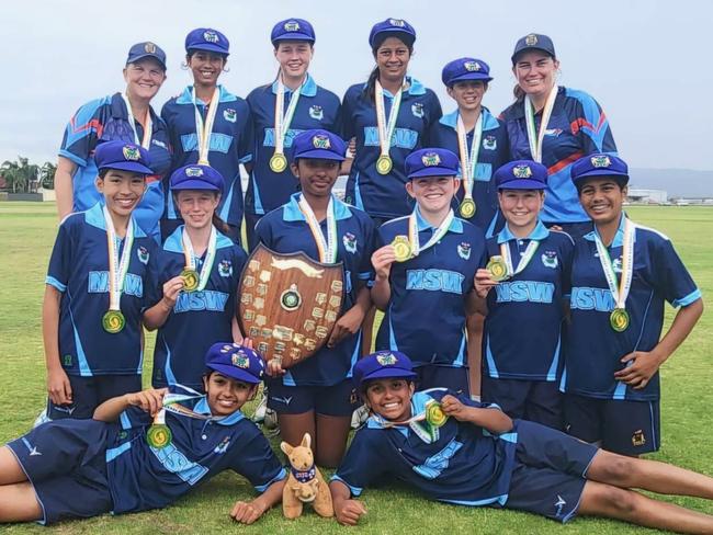 (L-R) Back: Belinda Allard (manager), Kyra Prajapati, Ella Finnane, Diva Patel, Mia Gilbert, Kate Owen (coach). Front: Michelle Pham, Jane Cruckshank, Kay Kumar (c), Matilda Lett, Elodie Phillipson, Dristi Abhijith. Ground: Myra Guglani, Gayathri Naik. NSW PSSA U12 girls cricket team after winning the School Sports Australia U12 Championships in Adelaide, picture at West Beach Playing Fields, West Beach, South Australia, December 6, 2024. Supplied: NSW PSSA