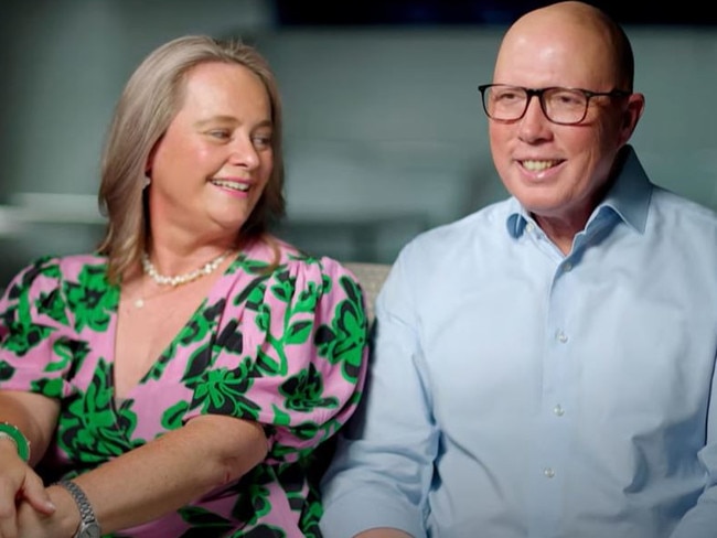 Peter Dutton with his wife Kirilly in a screen grab from a 60 Minutes’ promotion featuring Peter Dutton and his family. Picture: Courtesy of Channel Nine.