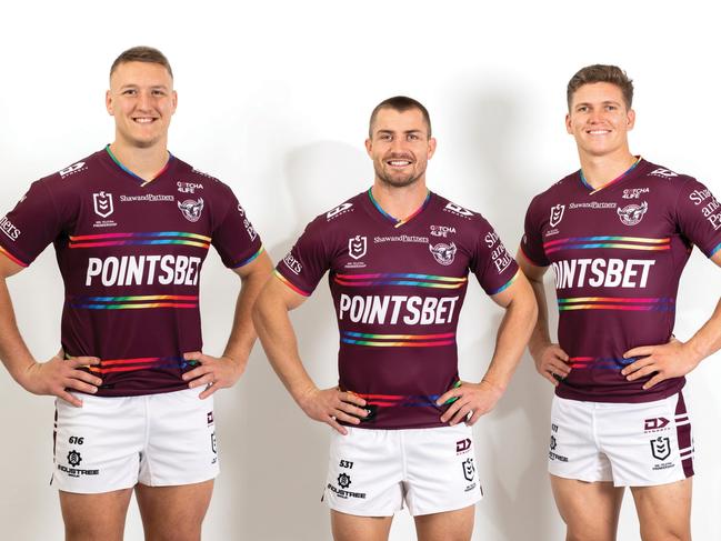 Manly's Sean Keppie, Kieran Foran and Reuben Garrick in the Sea Eagle's Pride jersey. Pic: Manly Digital