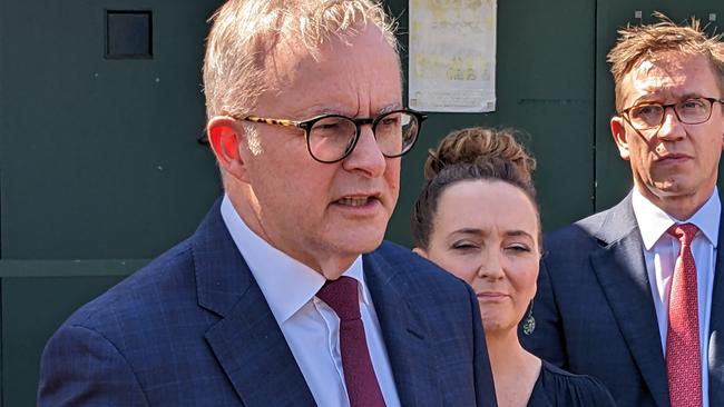 Prime Minister Anthony Albanese speaking to the media with Labor's Aston by-election candidate Mary Doyle. Picture: Kiel Egging.