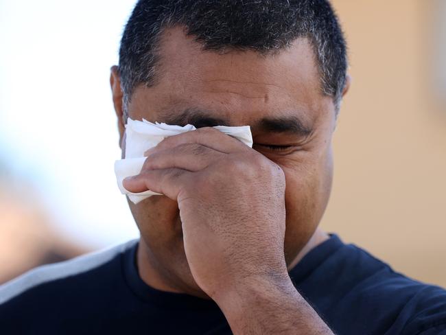 Toutai Kefu speaking to media outside his property following a home invasion earlier this week. Pics Tara Croser.