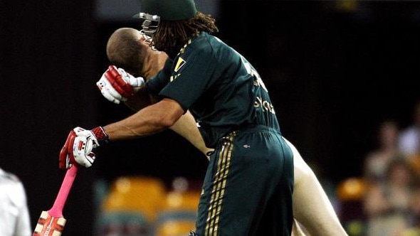 Andrew Symonds floors a streaker at the Gabba in 2008.