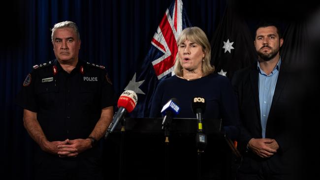 Police Commissioner Michael Murphy, Chief Minister Eva Lawler and Police Minister Brent Potter. Picture: Pema Tamang Pakhrin