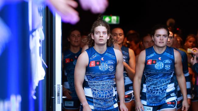 Nina Morrison leads the Cats out on Friday night in game 50. Picture: Kelly Defina/Getty Images