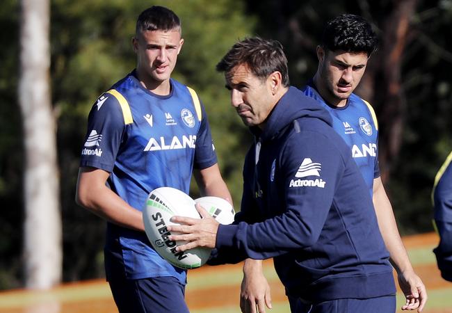 Andrew Johns (front) coached Jake Arthur (back left) while he was an assistant at Parramatta. Picture: Toby Zerna