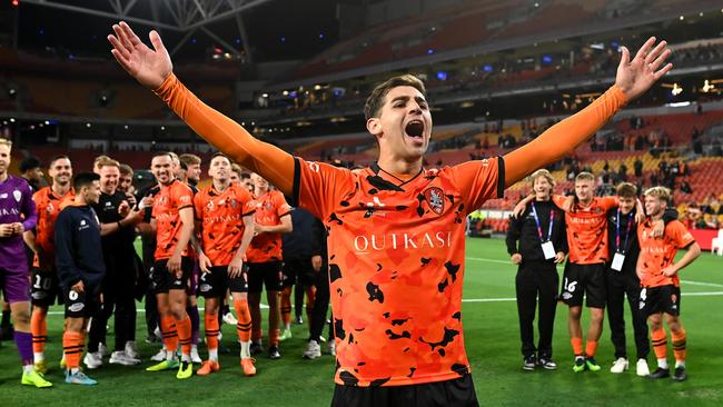 Jonas Markovski celebrates a Brisbane Roar victory.