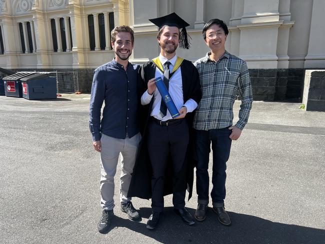 Szymon Kardas, Alec Miller (Master of Information Technology) and Zi En Tan at the University of Melbourne graduations held at the Royal Exhibition Building on Friday, December 13, 2024. Picture: Jack Colantuono