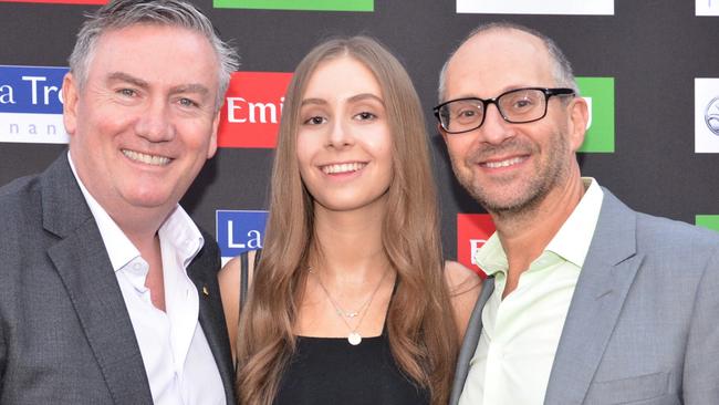 Alex Waislitz, right, pictured with former Collingwood president Eddie McGuire and Milly Waislitz, has quit the Collingwood board. Picture: Fiona Byrne