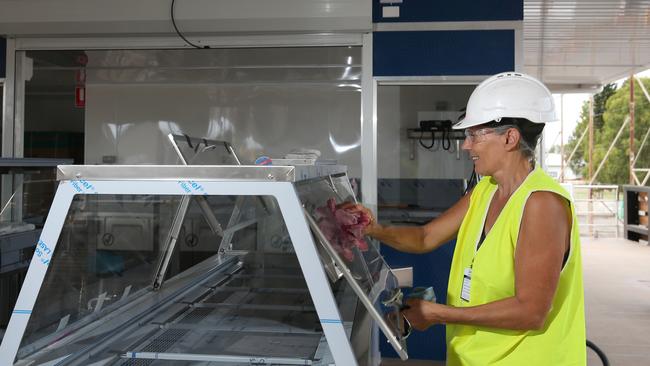 English Engineering sub contractor Jacqui Barns polishes up the stainless steel before the pontoon is launched. Picture: Brendan Radke