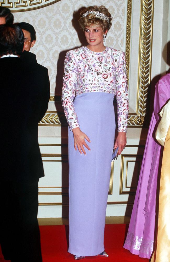 Diana’s Style: 1992 - The Princess of Wales attending a banquet thrown by President Roh in Seoul, South Korea. She wears the Spencer family tiara and a gown by Catherine Walker. Picture: Getty