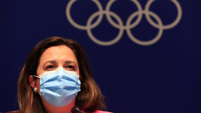 Queensland Premier Annastacia Palaszczuk speaks at a press conference at the MPC at the Tokyo 2020 Olympics after she successfully bid to hold the 2032 Olympics in Brisbane. Picture: Adam Head