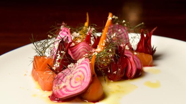 Cured salmon, burnt leek oil, baby beets, horseradish and pickled quandong at Paulett Wines. Picture: Tricia Watkinson