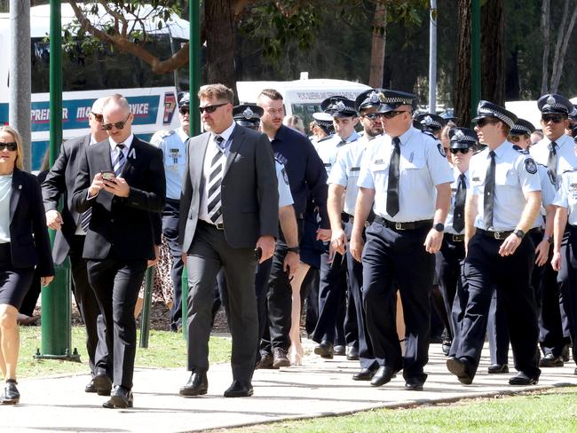Mourners at the memorial service with full police honours for constables Rachel McCrow and Matthew Arnold at Brisbane Entertainment Centre. Picture: Steve Pohlner