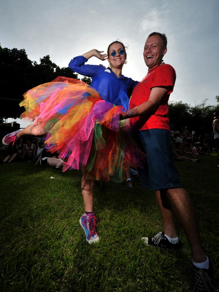 Bass In The Grass. Jamie Banister shows off her home-made tutu with Andrew Harding