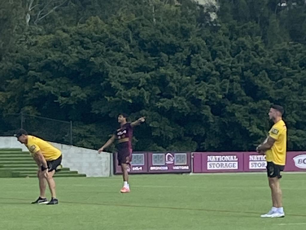 Darius Boyd (right) keeps a close eye on Selwyn Cobbo at training.