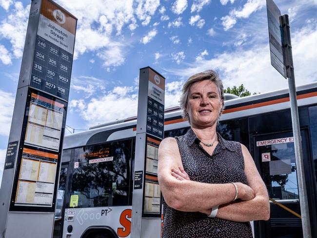 Carolyn Mueller catches the bus from Warrandyte to Collingwood for work. Picture: Jake Nowakowski