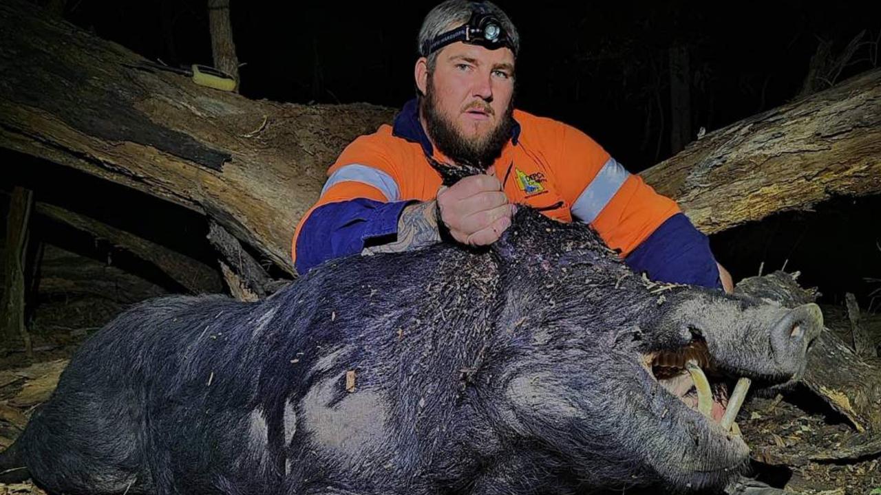 Sam Floss of Cane Pig Queensland with the largest boar he’s caught (163kg).