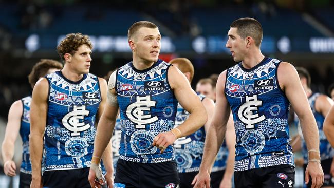 Blues players after the loss to Collingwood. Picture: Michael Willson/AFL Photos via Getty Images