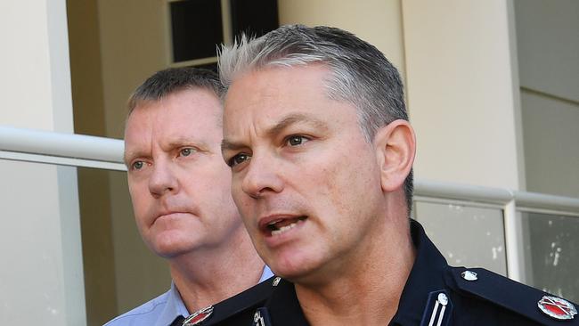 Travis Wurst Assistant Commissioner speaks to the media about the mine tragedy flanked by Resources Minister Paul Kirby. Picture Katrina Bridgeford