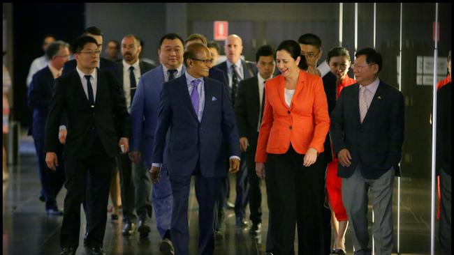 Executives from Chinese developer R&amp;F Properties with then Queensland Premier Annastacia Palaszczuk in 2017 to announce what was to be a $6.3 billion apartment project. Photo: Jamie Hanson