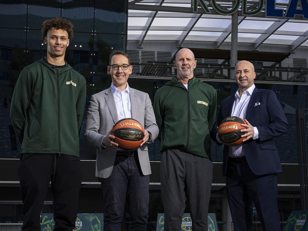 Basketball Australia chief executive Matt Scriven, right, with Boomer Dyson Daniels Victorian Sports and Major Events Minister Steve Dimopolous and Australian men’s basketball coach Brian Goorjian. Picture: Getty Images