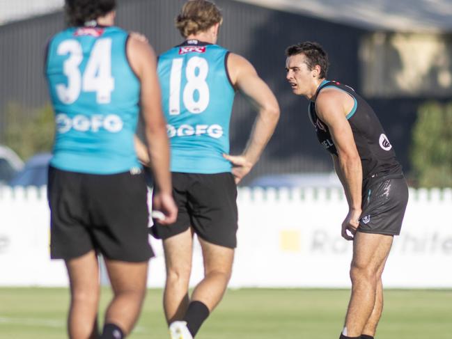 March 6, 2025: Connor Rozee just after injuring  his foot at the Port training/internal trial at Alberton . Picture: Kelly Barnes