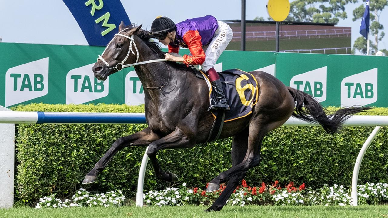 Chalk Stream carries the famous royal colours to win Thursday’s Australia Day Cup at Warwick Farm. Picture: Ashlea Brennan Photography