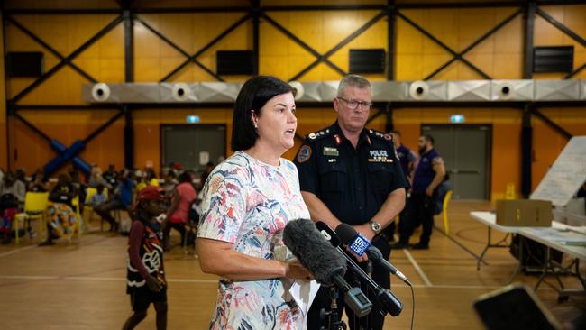 Chief Minister Natasha Fyles and NT Police Commissioner Jamie Chalker at the Howard Springs facility. Chalker said supply chains were “well and truly in place”, despite Woolworths stating regularly scheduled deliveries had been impacted. Picture: Pema Tamang