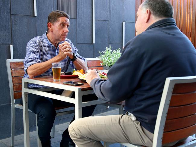 Deputy Premier and Treasurer of Queensland Cameron Dick sitting down with Michael Madigan as a part of The Sunday Mail’s High Steaks lunch series. Picture David Clark