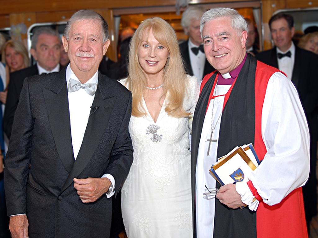 Reg Grundy with his wife Joy Chambers-Grundy on their yacht in Boadicea during their fifth wedding ceremony in 2007. The couple have renewed their wedding vows five times and are planning a big celebratory party for Reg's 85th birthday.