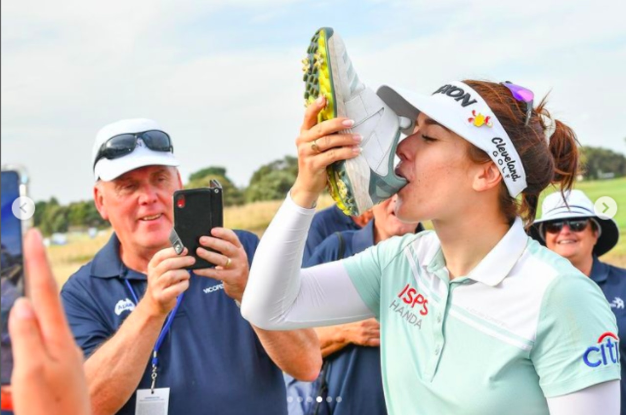 Hannah Green downs a “shoey” after her win in the Victorian Open. Picture: Instagram