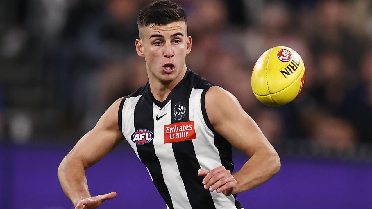 MELBOURNE, AUSTRALIA - July 28, 2023. AFL . Nick Daicos of the Magpies during the round 20 match between Collingwood and Carlton at the MCG on July 28, 2023, in Melbourne, Australia. Photo by Michael Klein.